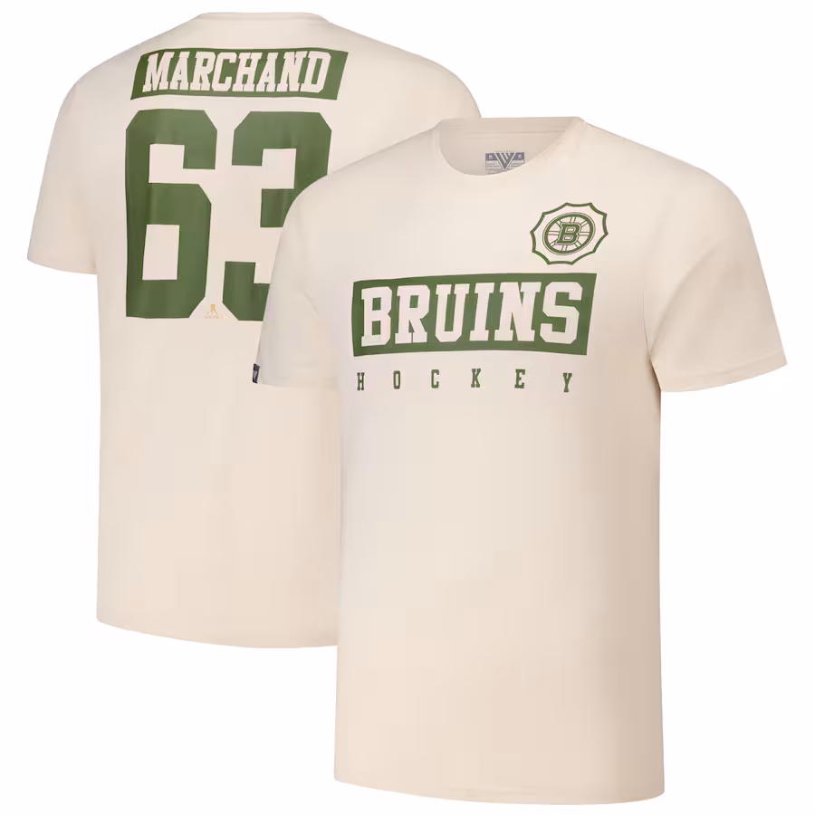 Men's Boston Bruins Brad Marchand Levelwear Khaki 2024 NHL Military Appreciation Richmond Delta Player Name & Number T-Shirt - Jersey