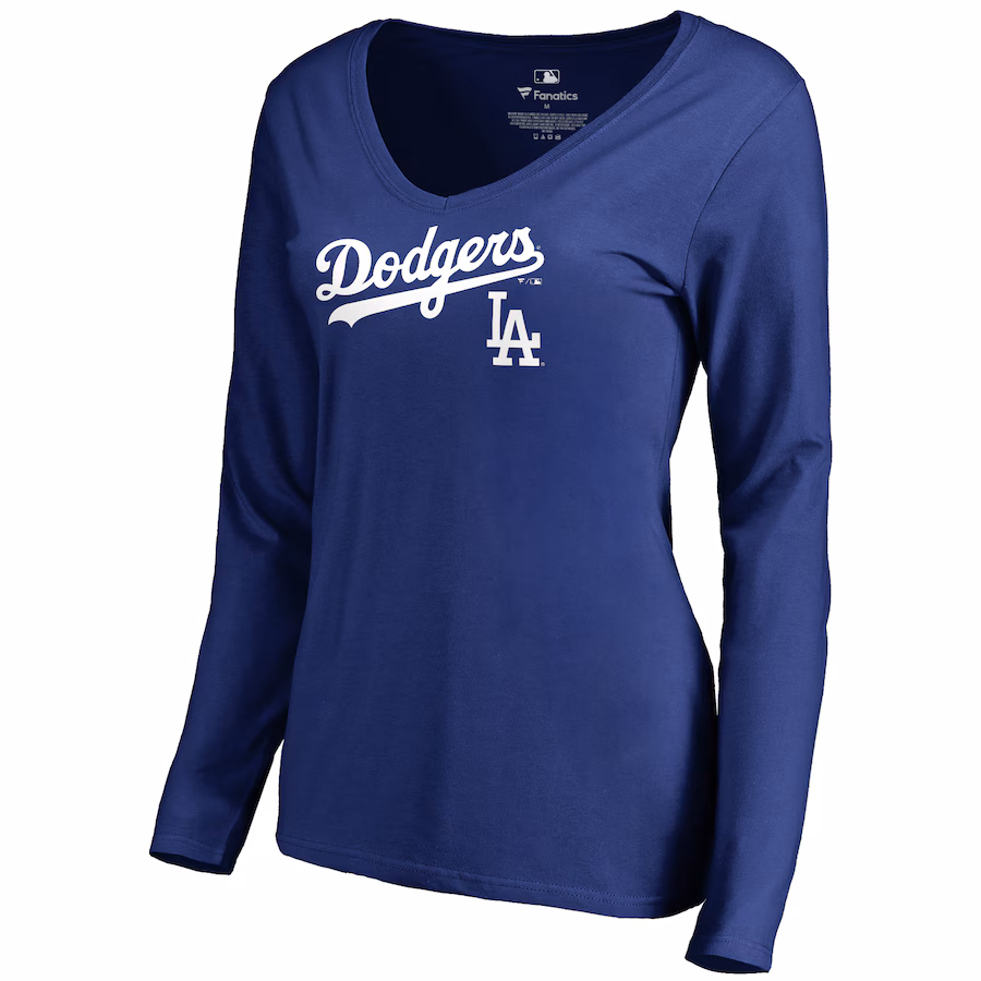 Women's Los Angeles Dodgers Royal Team Lockup Slim Fit Long Sleeve V-Neck T-Shirt - Jersey