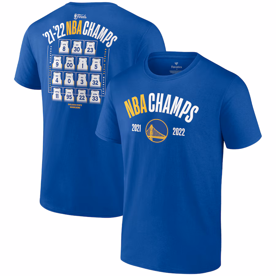 Men's Golden State Warriors Fanatics Royal 2022 NBA Finals Champions Final Buzzer Jersey Roster T-Shirt - Jersey