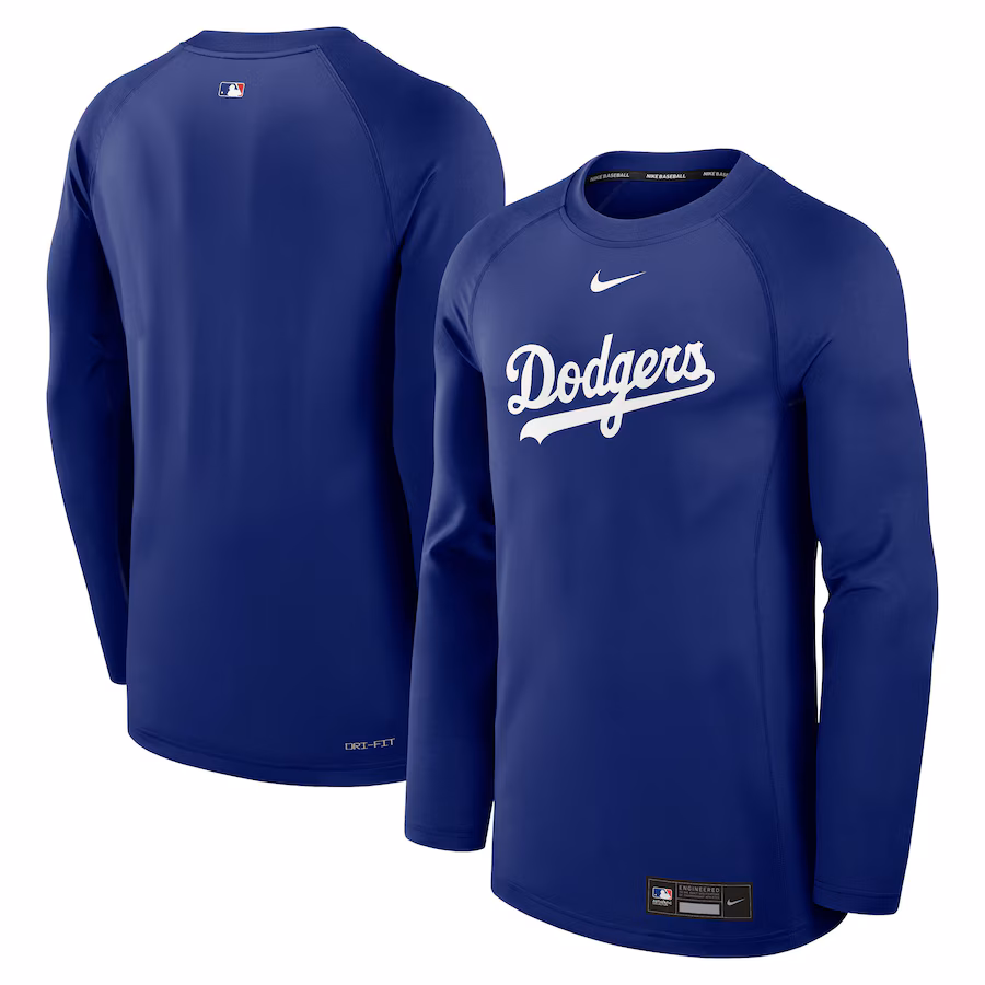 Men's Los Angeles Dodgers Nike Royal Authentic Collection Game Time Raglan Performance Long Sleeve T-Shirt - Jersey