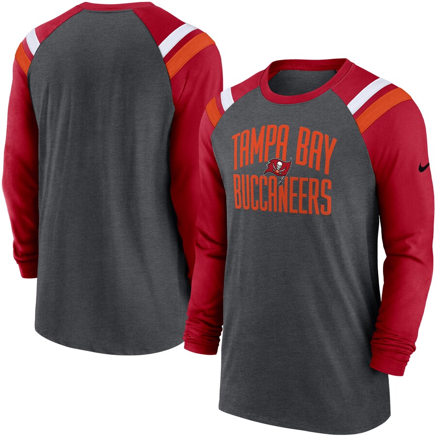 Men's Tampa Bay Buccaneers Nike Heathered Charcoal/Red Tri-Blend Raglan Athletic Long Sleeve Fashion T-Shirt - Jersey