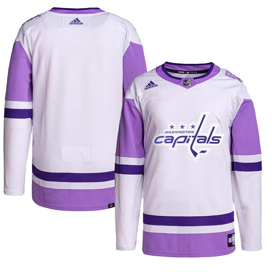 Men's Washington Capitals adidas White/Purple Hockey Fights Cancer Primegreen Authentic Blank Practice Jersey - Jersey