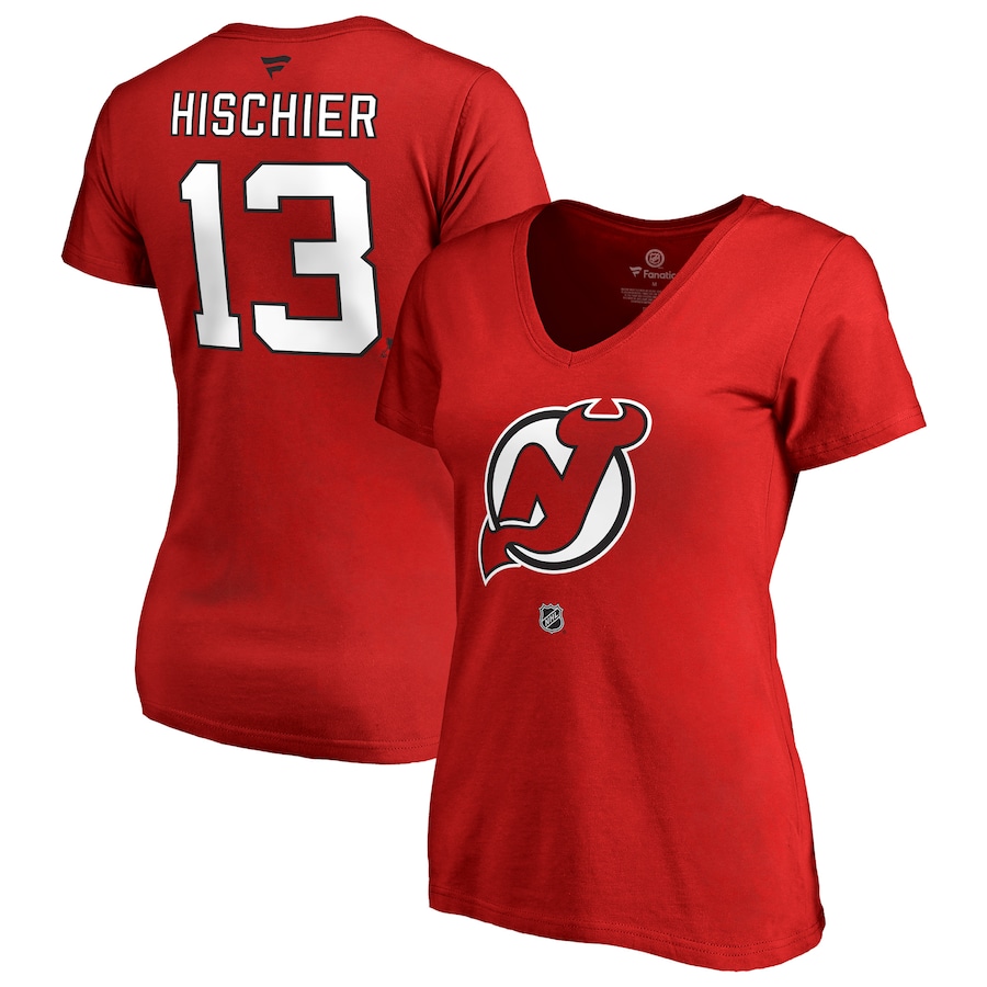 Women's New Jersey Devils Nico Hischier Red Authentic Stack Name & Number V-Neck T-Shirt - Jersey