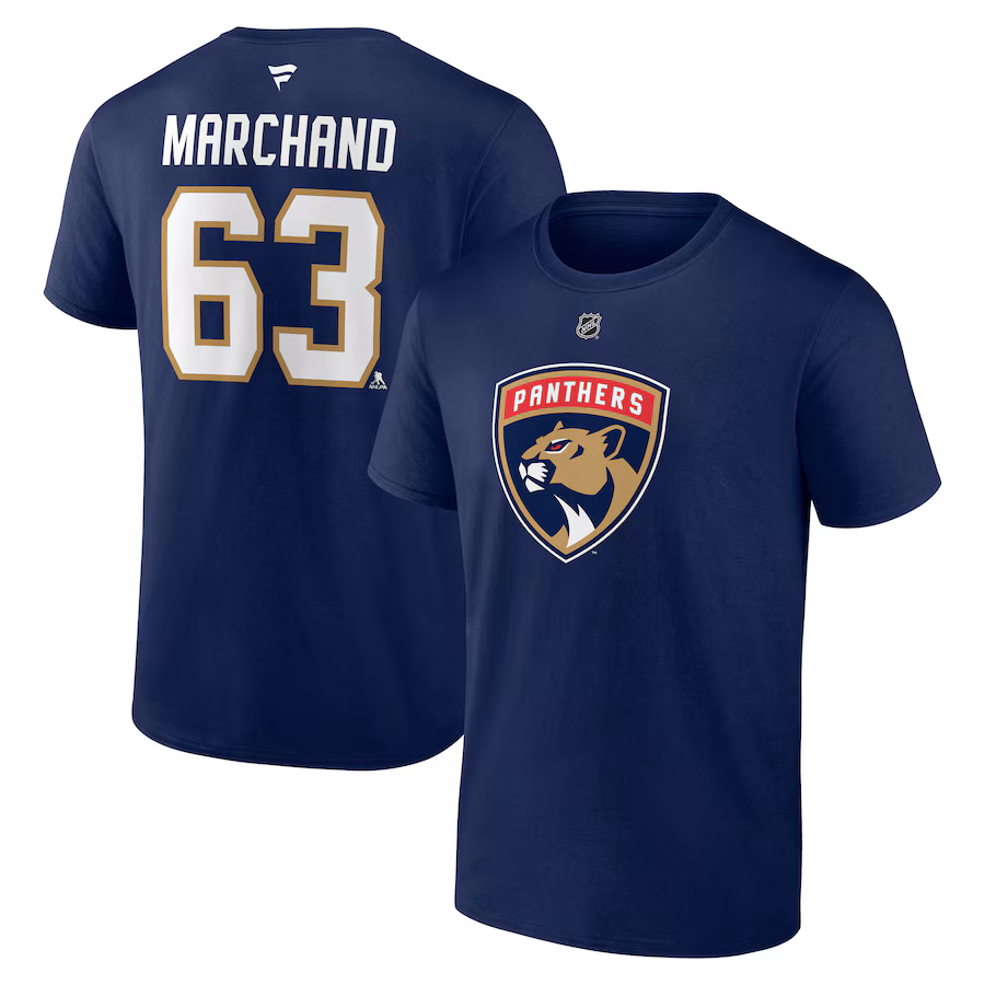 Men's Florida Panthers Brad Marchand Fanatics Navy Authentic Stack Name & Number T-Shirt - Jersey