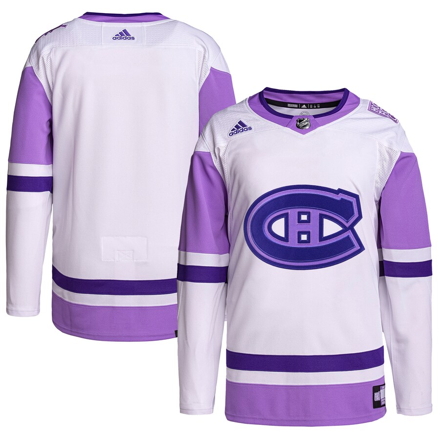Men's Montreal Canadiens adidas White/Purple Hockey Fights Cancer Primegreen Authentic Blank Practice Jersey - Jersey