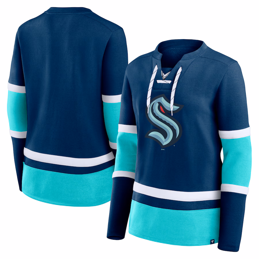 Women's Seattle Kraken Fanatics Deep Sea Blue Prime Time Lace-Up Long Sleeve T-Shirt - Jersey