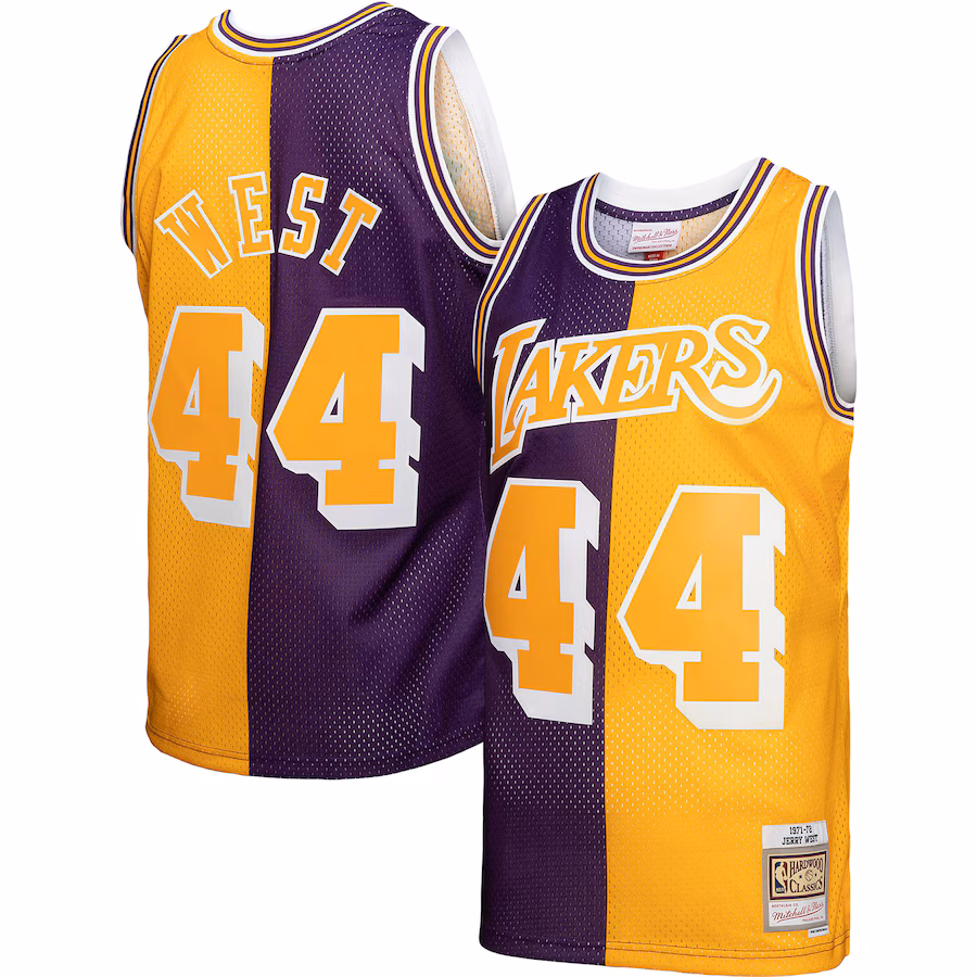 Men's Los Angeles Lakers Jerry West Mitchell & Ness Purple/Gold Hardwood Classics 1971/72 Split Swingman Jersey - Jersey