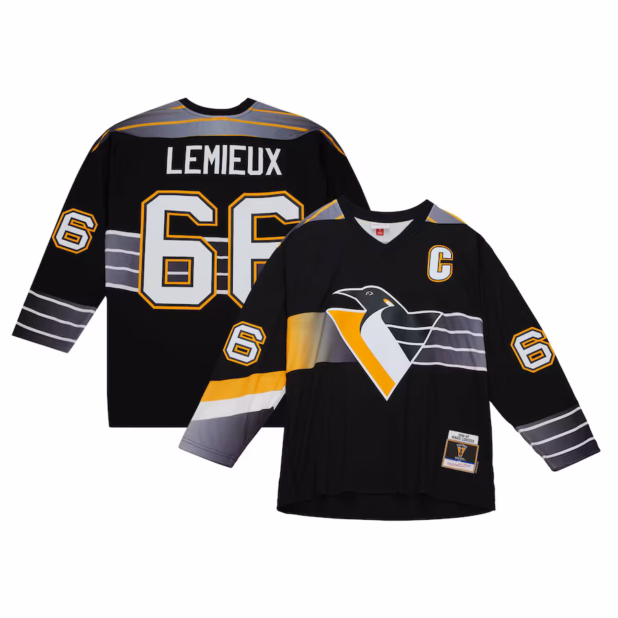 Men's Pittsburgh Penguins Mario Lemieux Mitchell & Ness Black Captain's Patch 1996/97 Blue Line Player Jersey - Jersey