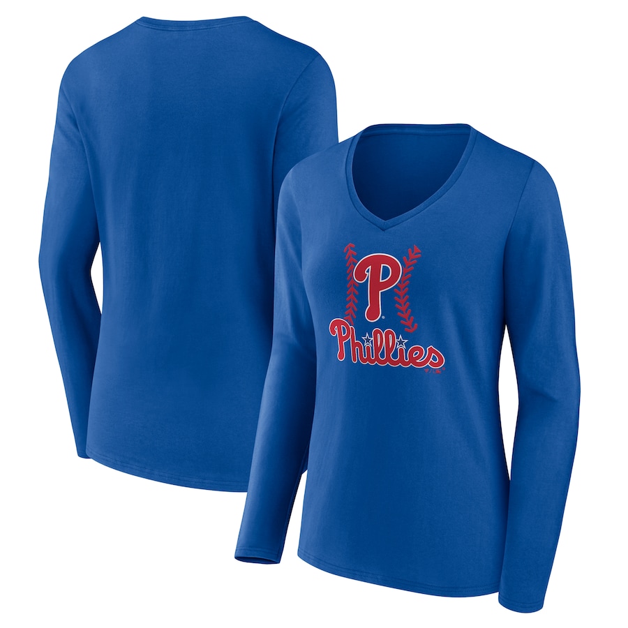 Women's Philadelphia Phillies Royal Fastball Long Sleeve V-Neck T-Shirt - Jersey