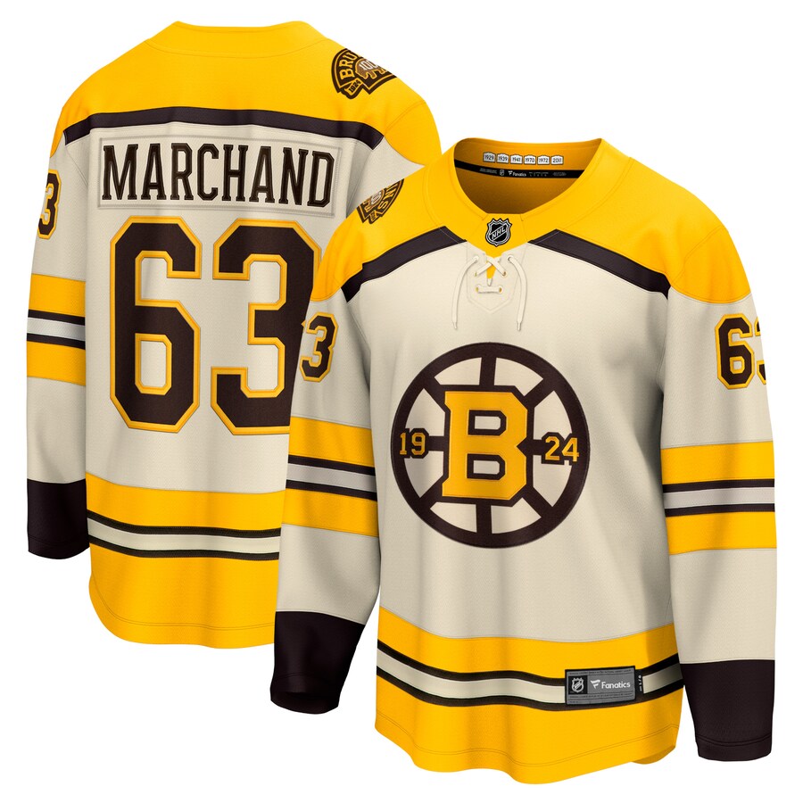 Men's Boston Bruins Brad Marchand Fanatics Branded Cream 100th Anniversary Premier Breakaway Player Jersey - Jersey