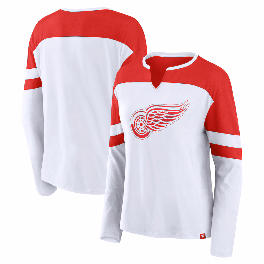 Women's Detroit Red Wings Fanatics White/Athletic Red 2025 NHL Stadium Series Frozen Long Sleeve Notch Neck T-Shirt - Jersey