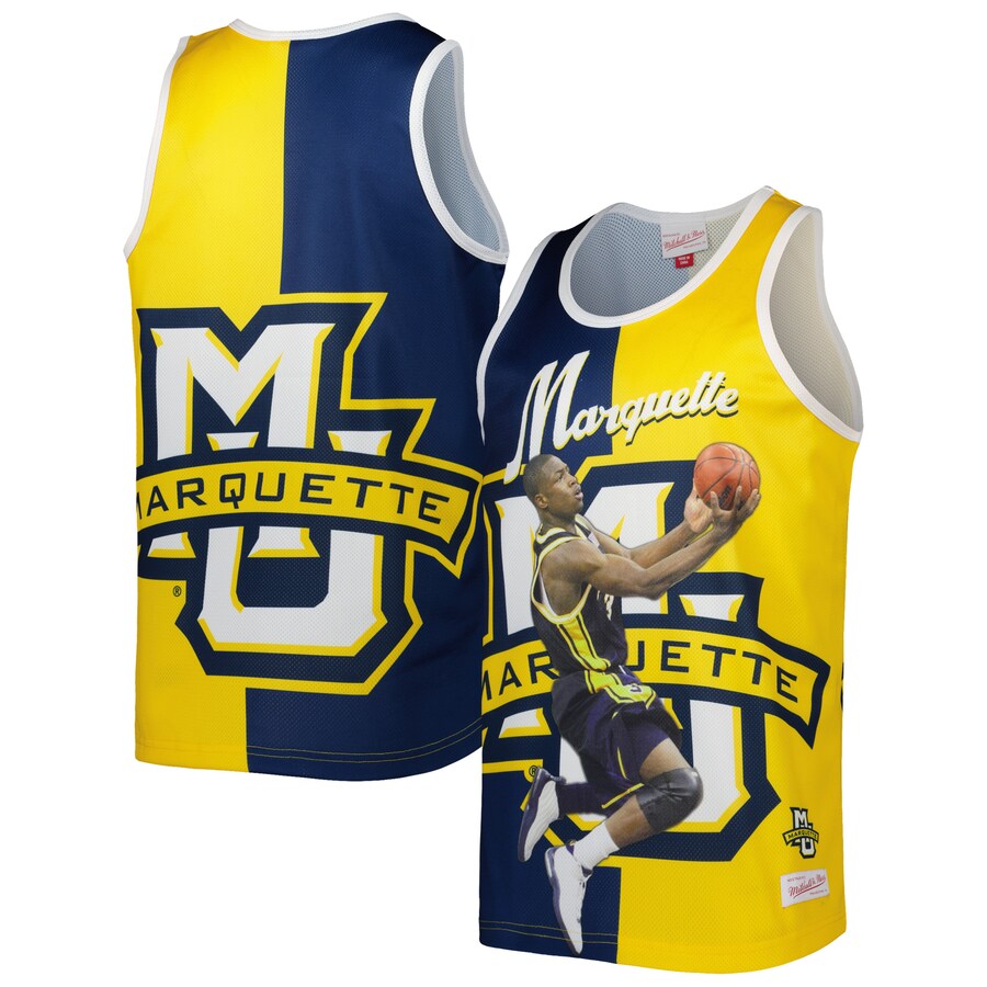 Men's Mitchell & Ness Dwyane Wade Blue/Gold Marquette Golden Eagles Sublimated Player Tank Top - Jersey