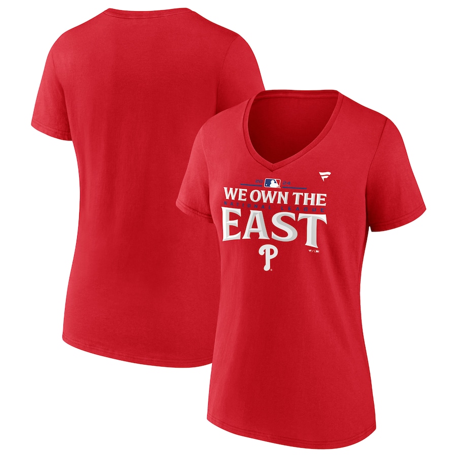 Women's Philadelphia Phillies Fanatics Red 2024 NL East Division Champions Locker Room V-Neck T-Shirt - Jersey