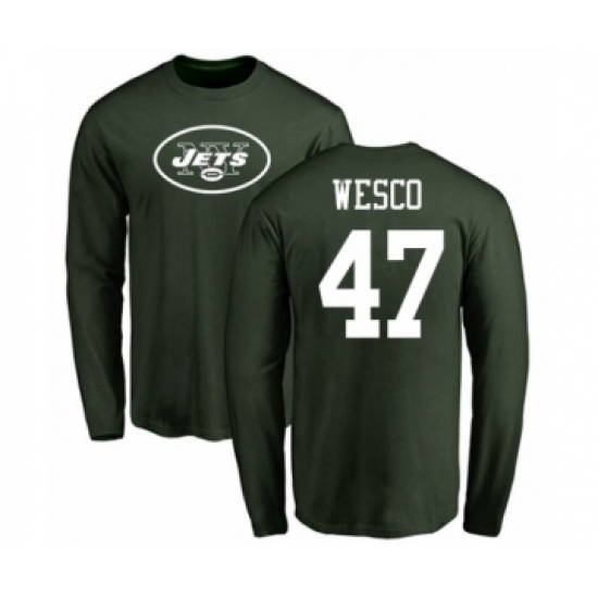 Football New York Jets #47 Trevon Wesco Green Name & Number Logo Long Sleeve T-Shirt - Jersey