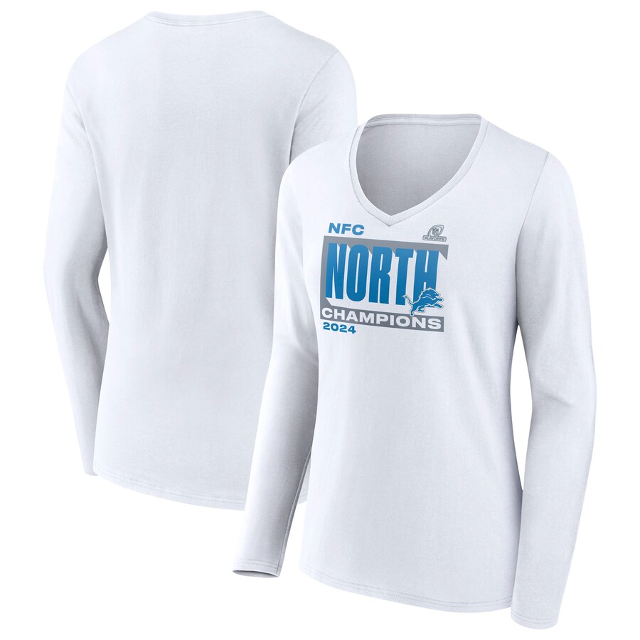 Women's Detroit Lions Fanatics White 2024 NFC North Division Champions Conquer Long Sleeve V-Neck T-Shirt - Jersey