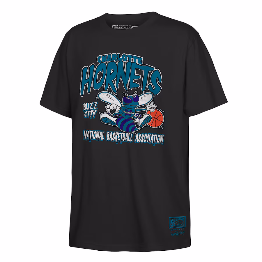 Youth Charlotte Hornets Mitchell & Ness Black Retro Mascot Script T-Shirt - Jersey