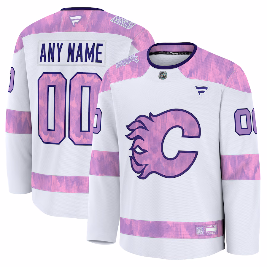 Men's Calgary Flames Fanatics White 2024 Hockey Fights Cancer Custom Practice Jersey - Jersey