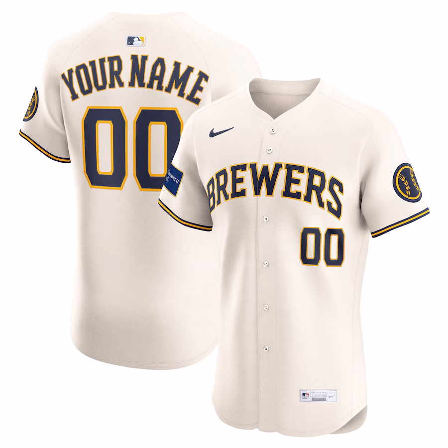 Men's Milwaukee Brewers Nike Cream Home Elite Sponsor Patch Custom Jersey - Jersey