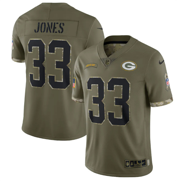 Men's Green Bay Packers #33 Aaron Jones 2022 Olive Salute To Service Limited Stitched Jersey - Jersey