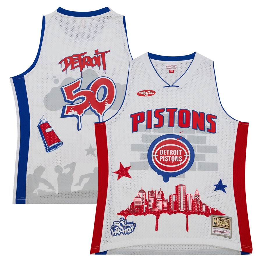 Men's Detroit Pistons Mitchell & Ness x Tats Cru White Hardwood Classics Fashion Jersey - Jersey