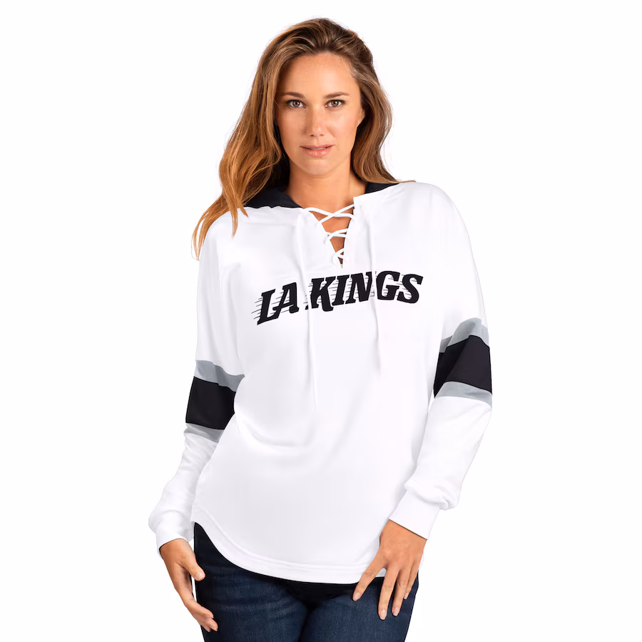 Women's Los Angeles Kings G-III 4Her by Carl Banks White Goal Zone Long Sleeve Lace-Up Hoodie T-Shirt - Jersey