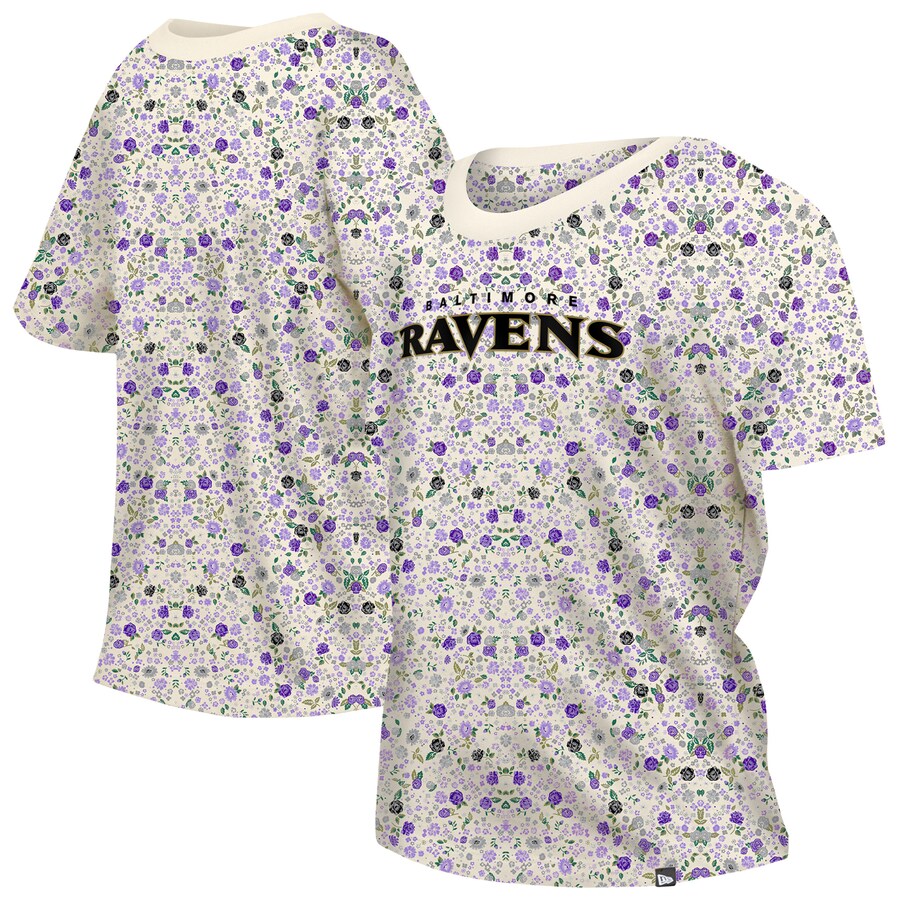 Women's Baltimore Ravens New Era Cream Glam Game Floral T-Shirt - Jersey