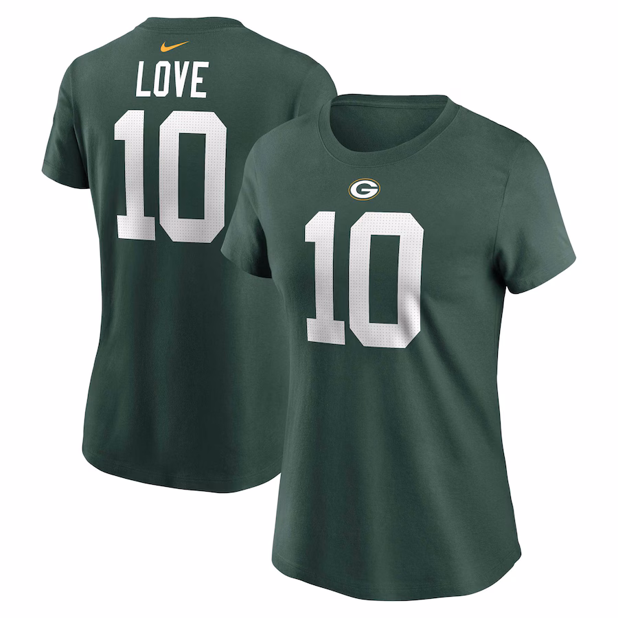 Women's Green Bay Packers Jordan Love Nike Green Player Name & Number T-Shirt - Jersey