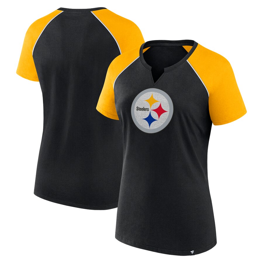 Women's Pittsburgh Steelers Fanatics Black/Gold Glittered Primary Raglan T-Shirt - Jersey