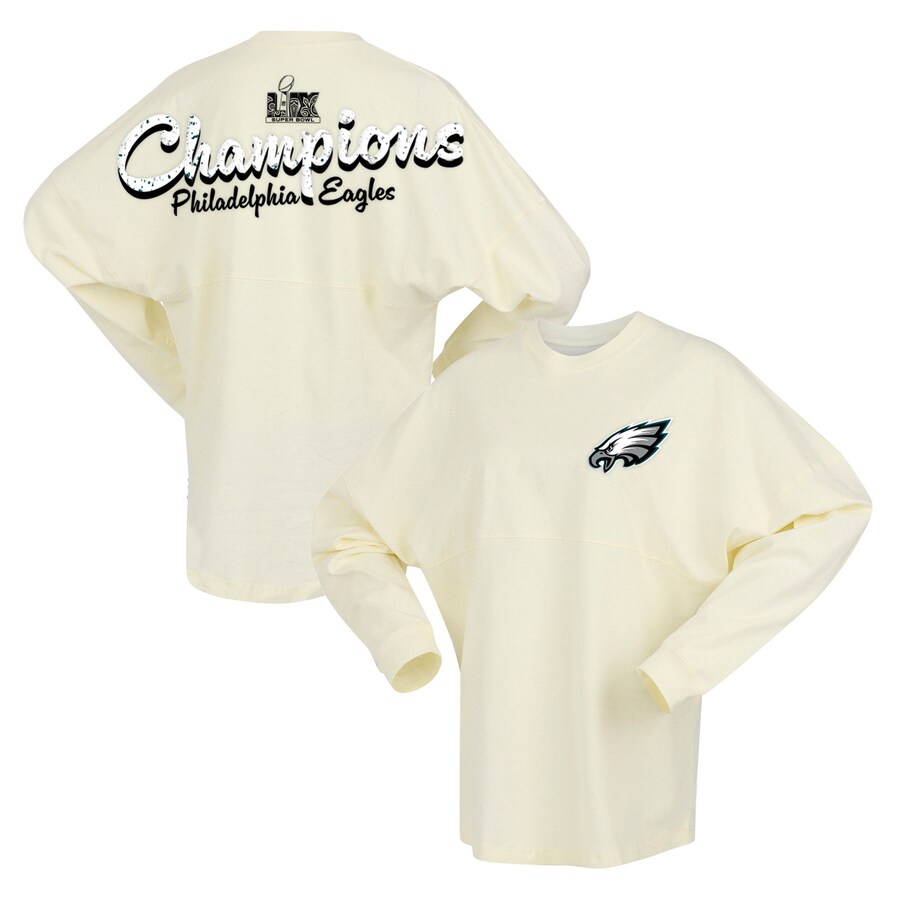 Women's Philadelphia Eagles  Fanatics Cream Super Bowl LIX Champions Sparkle Spirit Jersey Oversized Long Sleeve T-Shirt - Jersey