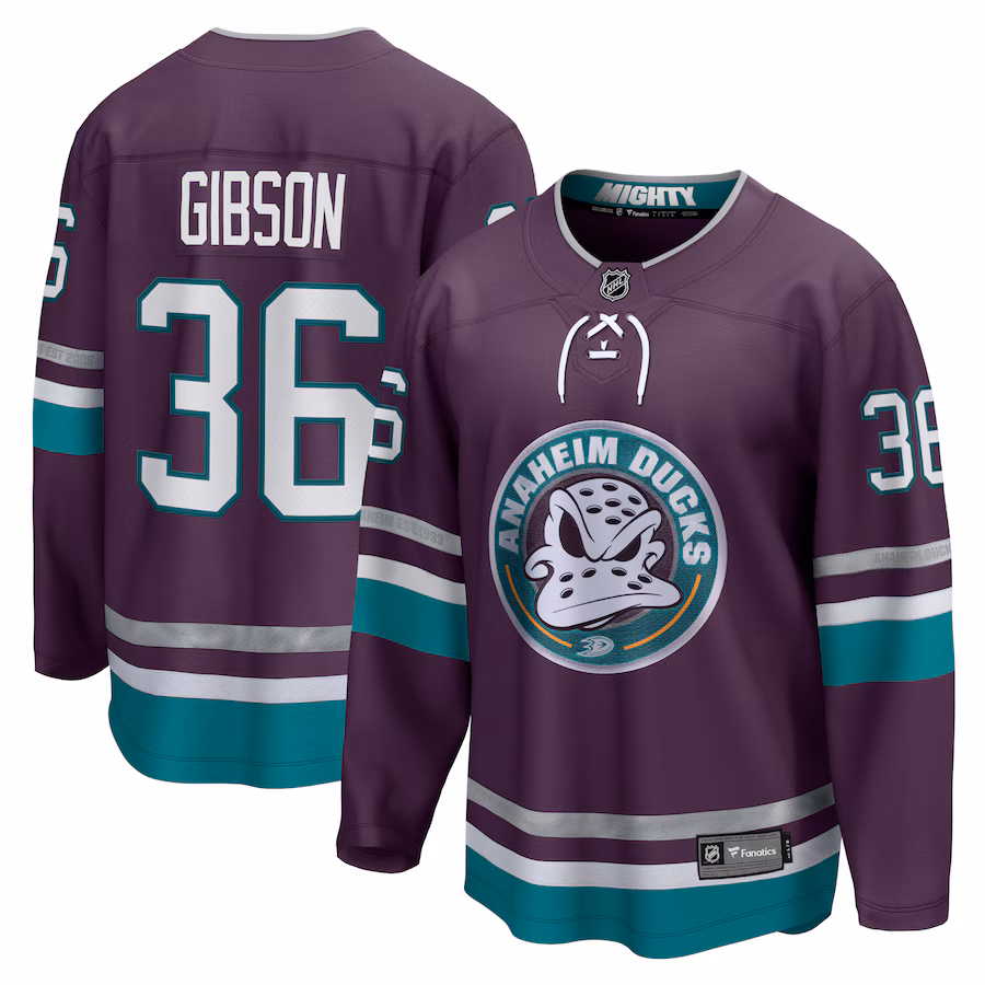 Men's Anaheim Ducks John Gibson Fanatics Purple 30th Anniversary Premier Breakaway Jersey - Jersey