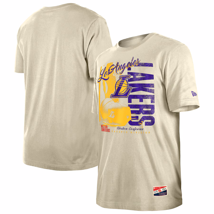 Men's Los Angeles Lakers  New Era Cream Distressed Throwback Vintage Color Pack T-Shirt - Jersey