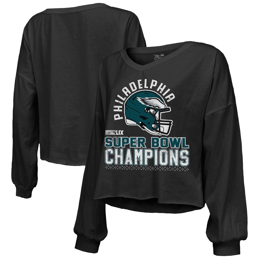 Women's Philadelphia Eagles  Majestic Threads Black Super Bowl LIX Champions Hard Count Off Shoulder V-Neck Long Sleeve T-Shirt - Jersey