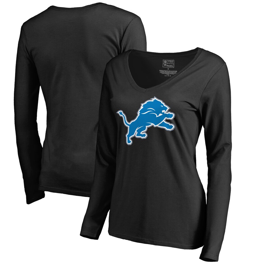 Women's Detroit Lions Black Primary Logo 2 V-Neck Long Sleeve T-Shirt - Jersey