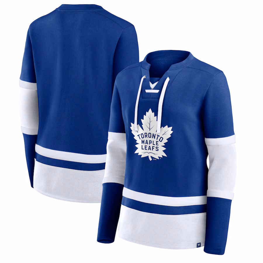 Women's Toronto Maple Leafs Fanatics Blue Prime Time Lace-Up Long Sleeve T-Shirt - Jersey