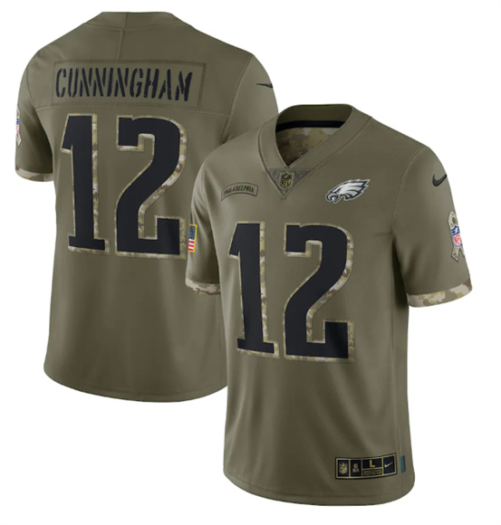 Men's Philadelphia Eagles #12 Randall Cunningham 2022 Olive Salute To Service Limited Stitched Jersey - Jersey