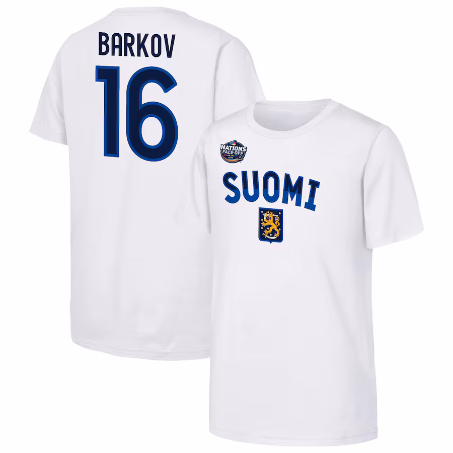 Youth Finland Aleksander Barkov White 2025 4 Nations Face-Off Player Name & Number T-Shirt - Jersey