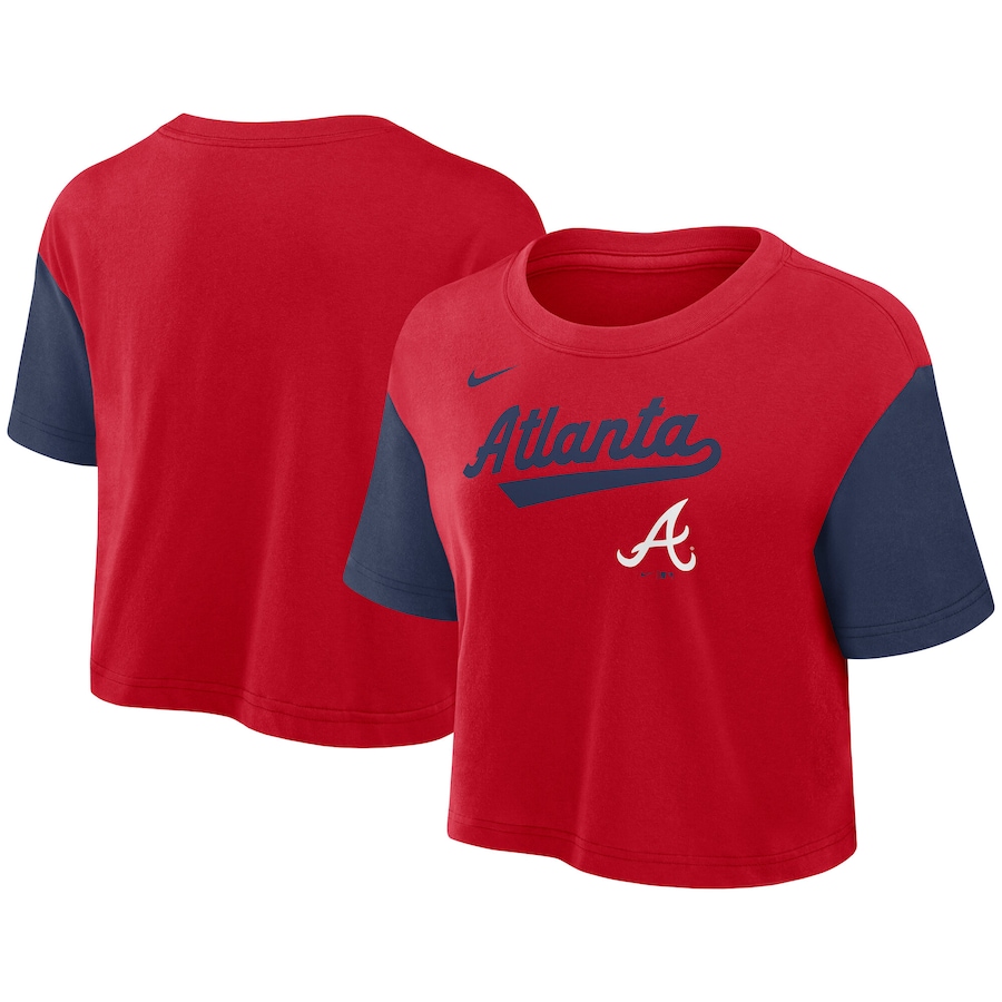 Women's Atlanta Braves Nike Red/Navy Script Cropped Performance T-Shirt - Jersey