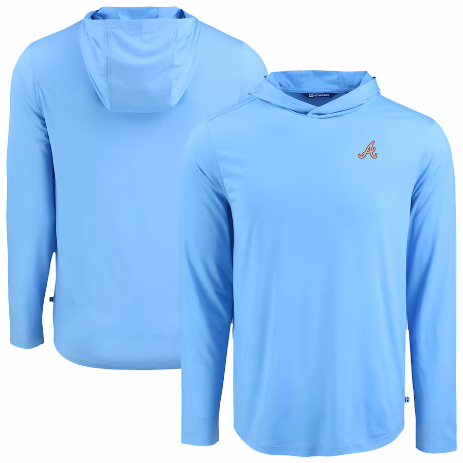 Men's Atlanta Braves Cutter & Buck Powder Blue Coastline Epic Comfort Recycled Eco Hoodie Long Sleeve T-Shirt - Jersey
