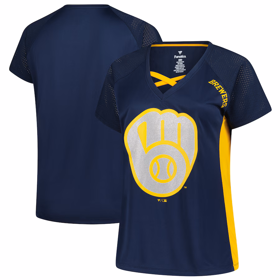 Women's Milwaukee Brewers Profile Navy Glitter Raglan V-Neck T-Shirt - Jersey