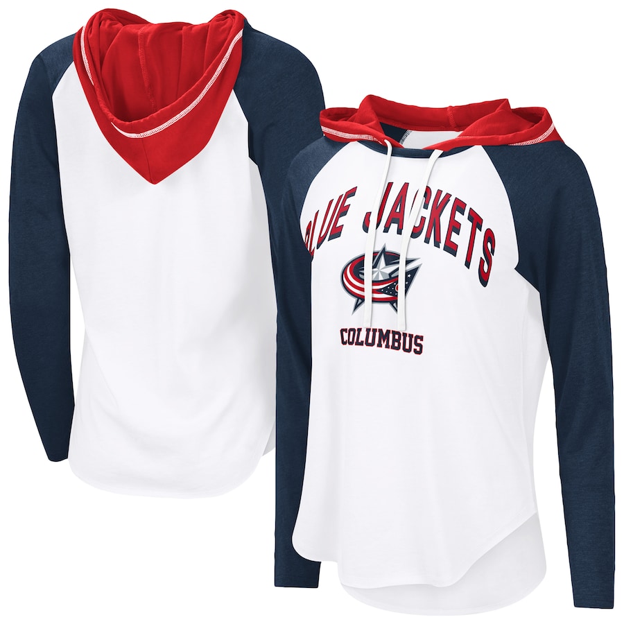 Women's Columbus Blue Jackets G-III 4Her by Carl Banks White VIP Raglan Long Sleeve Hoodie T-Shirt - Jersey