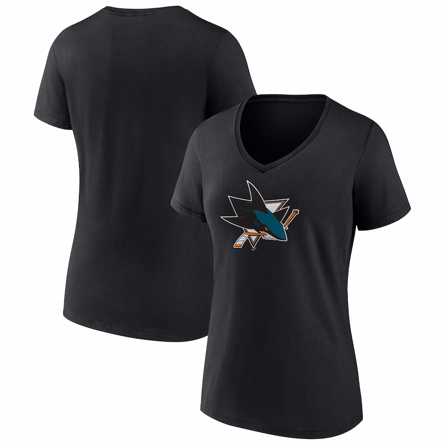 Women's San Jose Sharks Fanatics Black Primary Logo Team V-Neck T-Shirt - Jersey