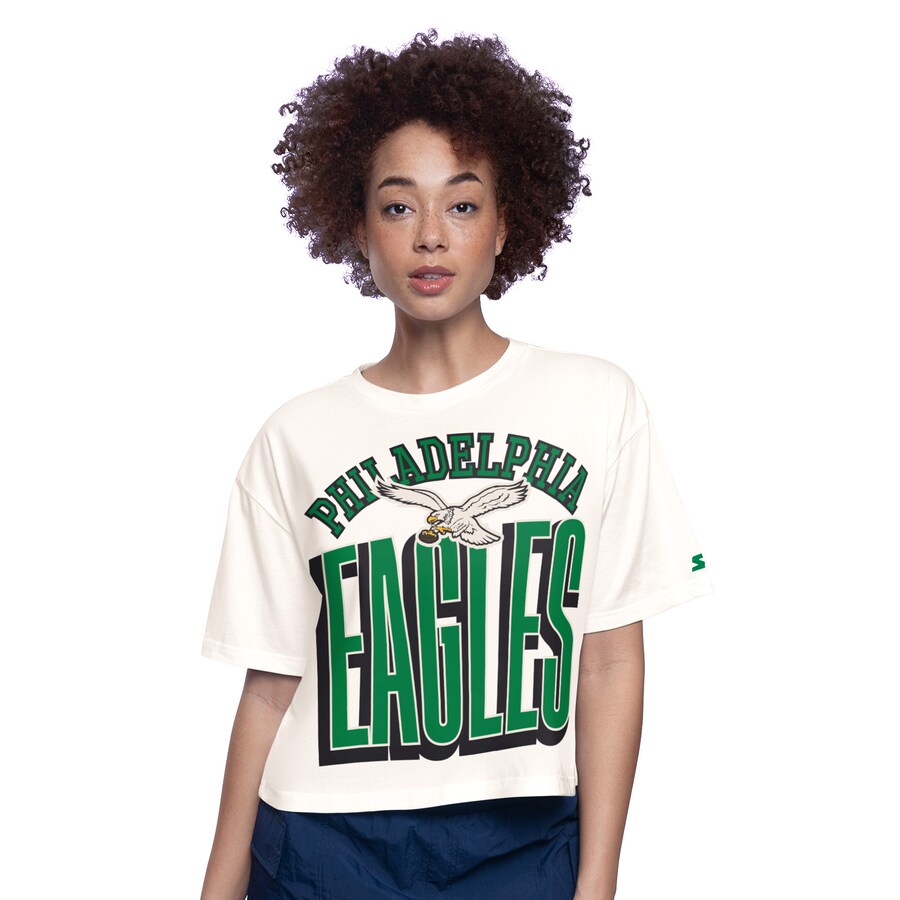 Women's Philadelphia Eagles  Starter White Throwback Play the Ball Boxy Cropped T-Shirt - Jersey