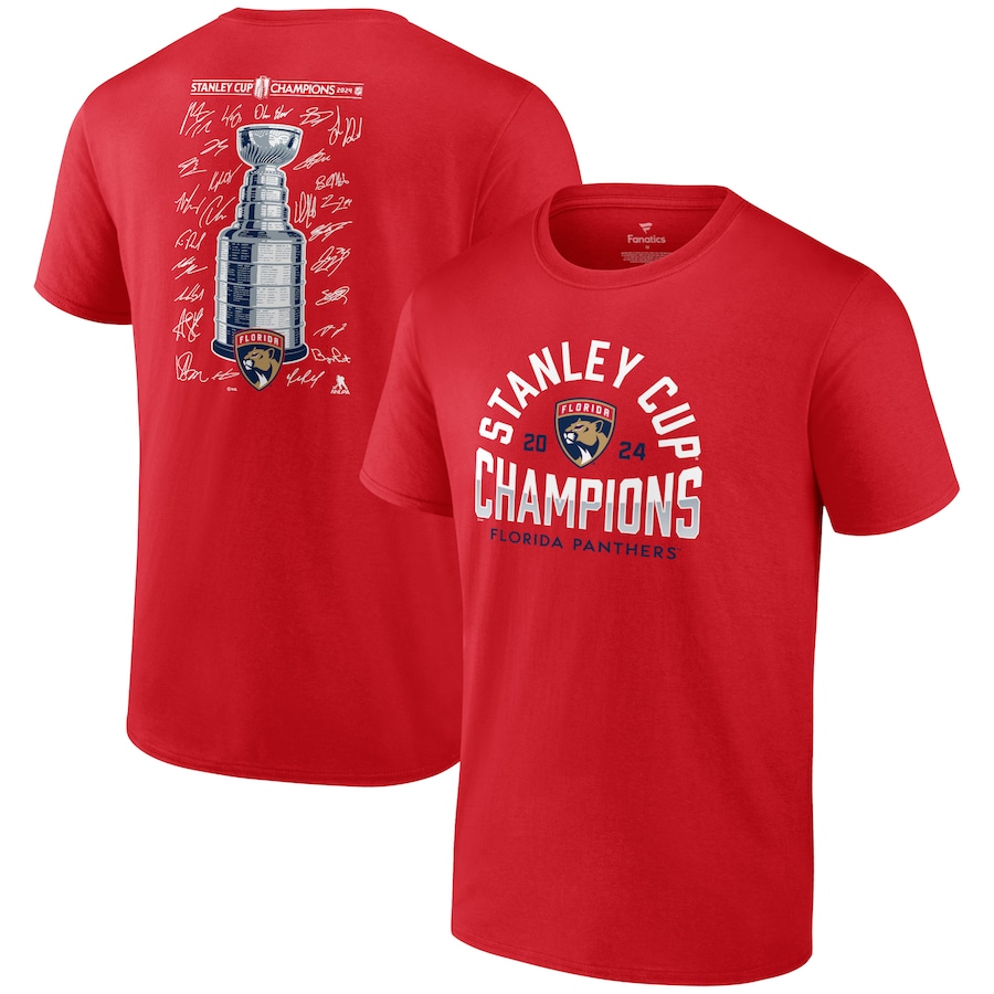 Men's Florida Panthers Fanatics Red 2024 Stanley Cup Champions Signature Roster T-Shirt - Jersey