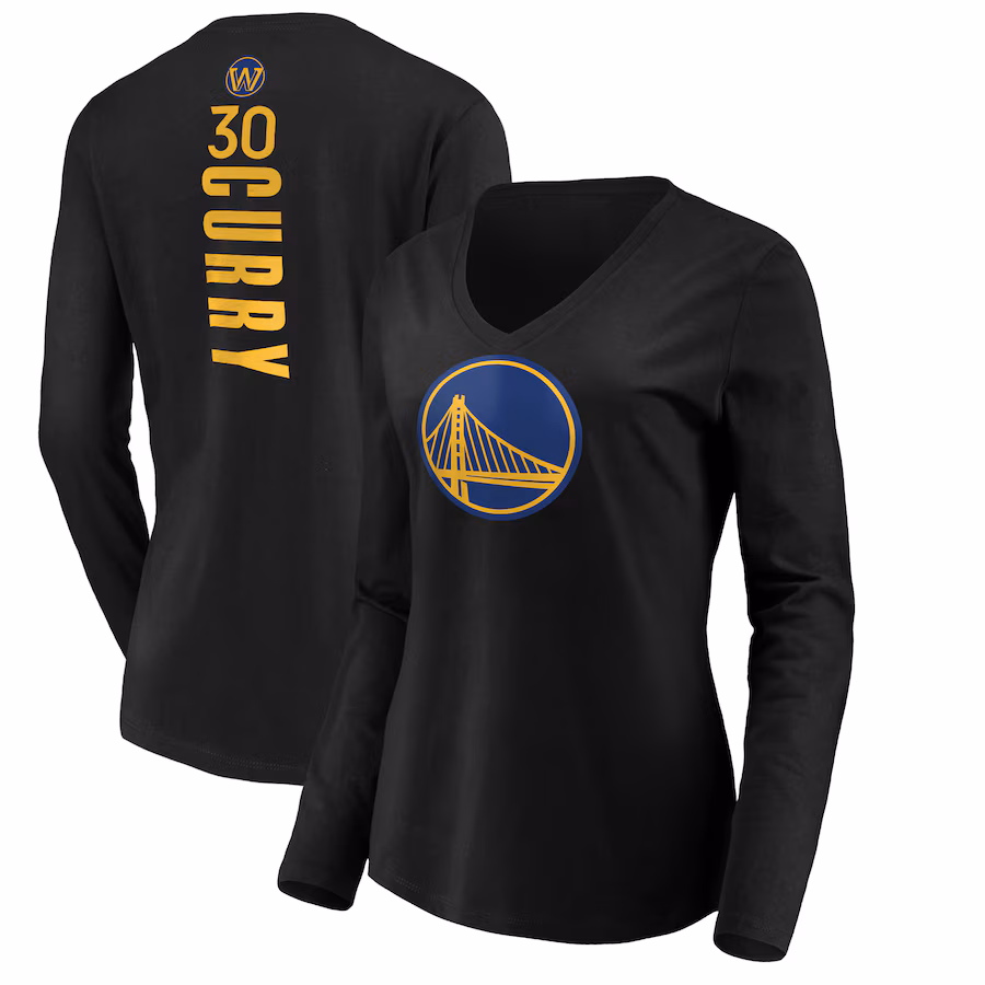 Women's Golden State Warriors Stephen Curry Black Playmaker Name & Number Long Sleeve V-Neck T-Shirt - Jersey