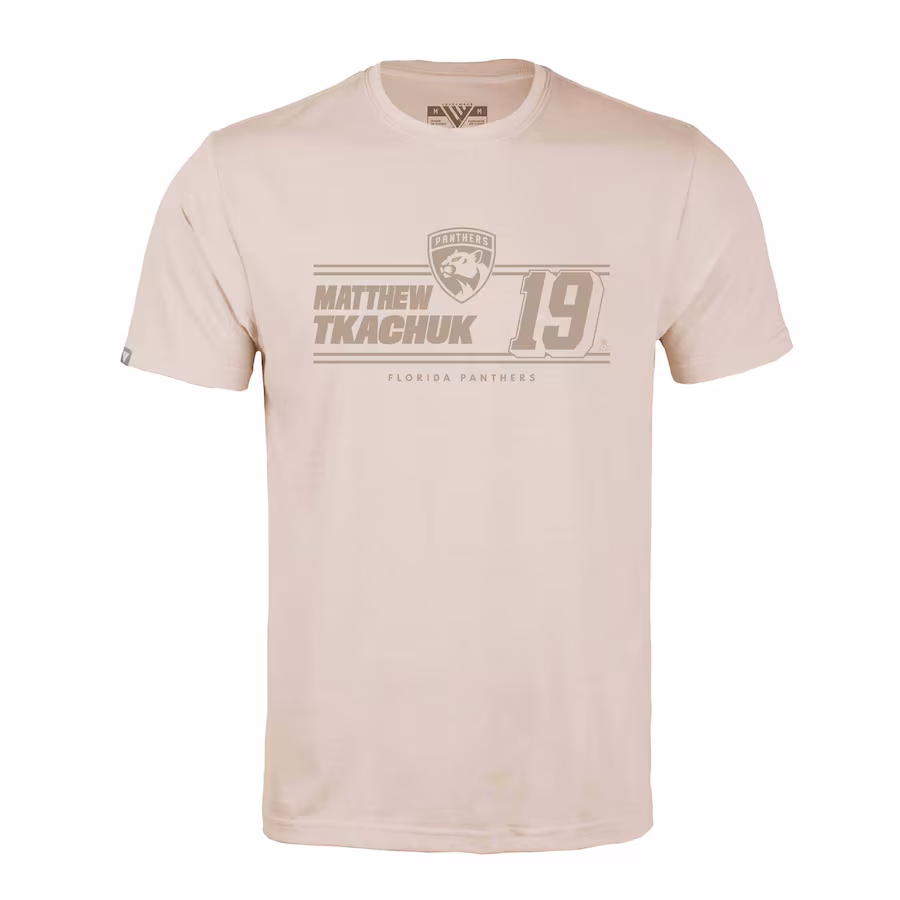 Men's Florida Panthers Matthew Tkachuk Levelwear Khaki Richmond Mileage Name & Number T-Shirt - Jersey