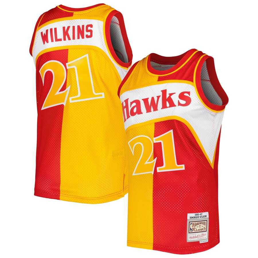Men's Atlanta Hawks Dominique Wilkins Mitchell & Ness Yellow/Red Hardwood Classics 1986/87 Split Swingman Jersey - Jersey