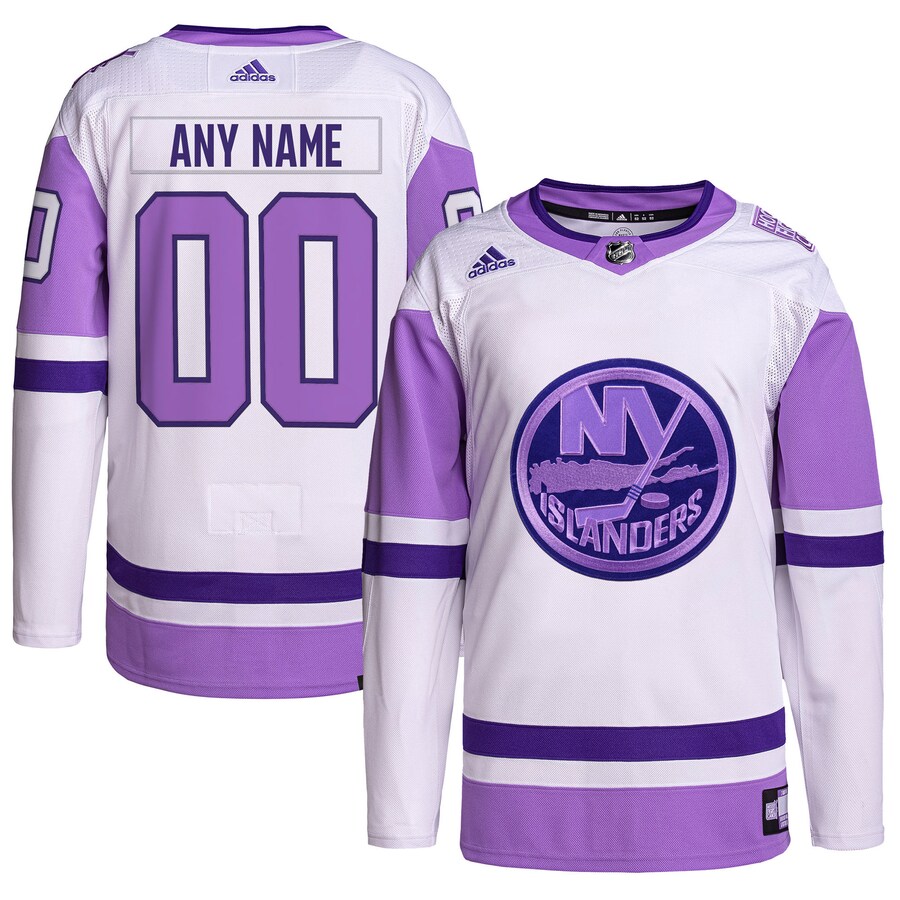 Men's New York Islanders adidas White/Purple Hockey Fights Cancer Primegreen Authentic Custom Jersey - Jersey