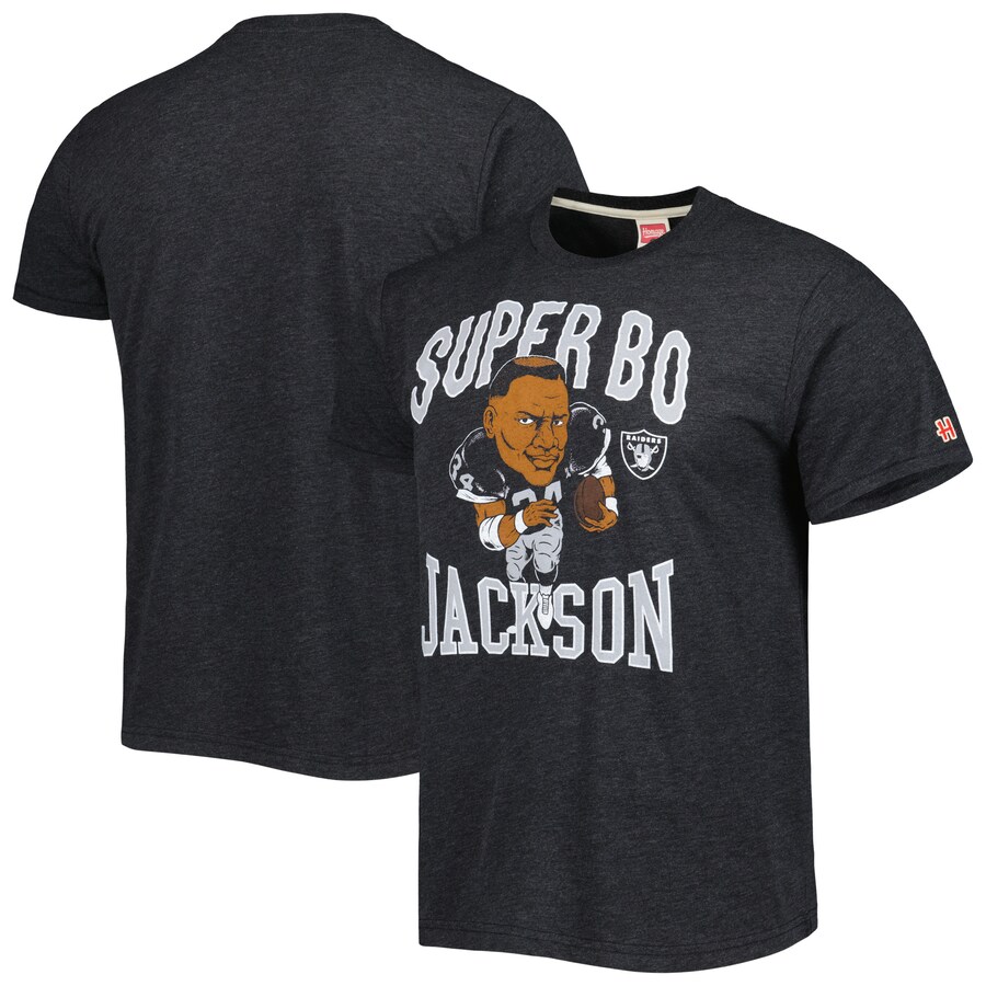 Men's Las Vegas Raiders Bo Jackson Homage Heathered Heather Black Caricature Retired Player Tri-Blend T-Shirt - Jersey