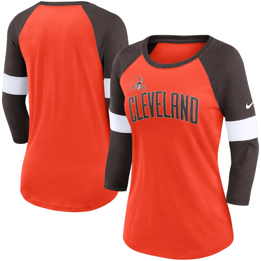 Women's Cleveland Browns Nike Heathered Orange/Brown Football Pride Slub 3/4 Raglan Sleeve T-Shirt - Jersey
