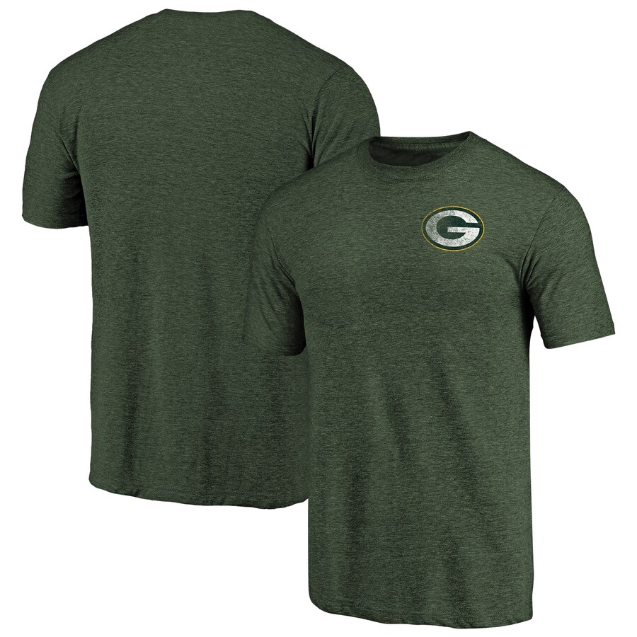 Men's Green Bay Packers Heathered Green Primary Logo Left Chest Distressed Tri-Blend T-Shirt - Jersey